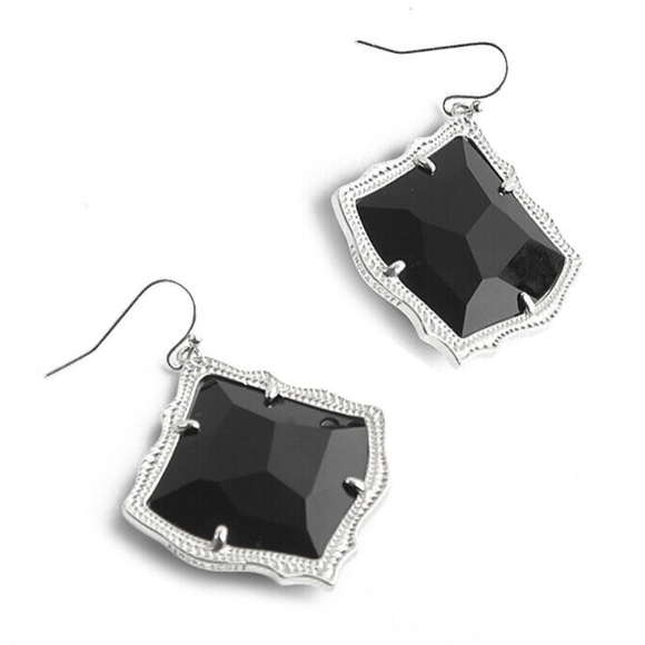 NEW Kendra Scott SILVER Framed Kirsten Black Glass Drop Earrings w/ Dust Bag - Picture 2 of 9
